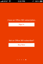 Once it's got all the introductions out of the way, Office Mobile prompts you for your existing Office 365 credentials, or politely directs you to a page where you can buy a license.